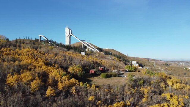 Aerial view of the ski jump facilities on the Paskapoo Sloops natural area in Calgary, Alberta.