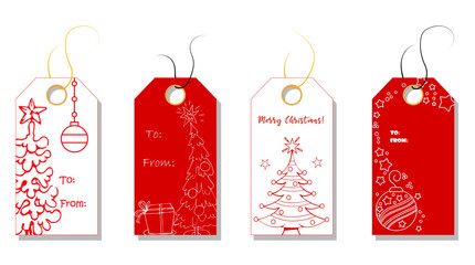 Christmas tags cute collection. Labels with christmas tree, bear, rabbit and snowman. Vector illustration