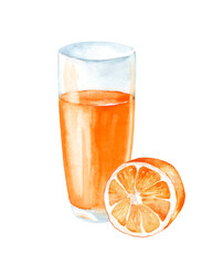 Glass of orange juice on isolated white background, watercolor illustration, citrus fruits collection, orange, cocktail