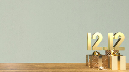The gold 12.12 and gift box on wood table  for shopping day or promotion marketing 3d rendering.