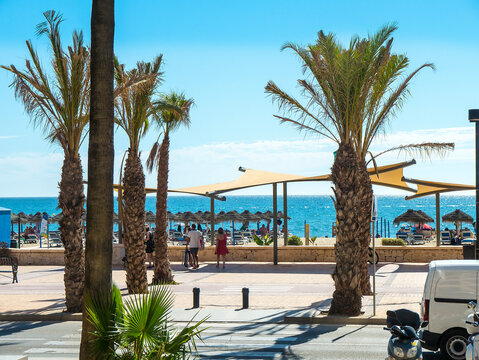 Beach and  the promenade in Fuengirola on the Costa Del Sol Spain