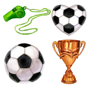 Set with watercolor soccer elements - ball, winner cup, whistle; for game of football, Isolated over white background. Hand-drawn