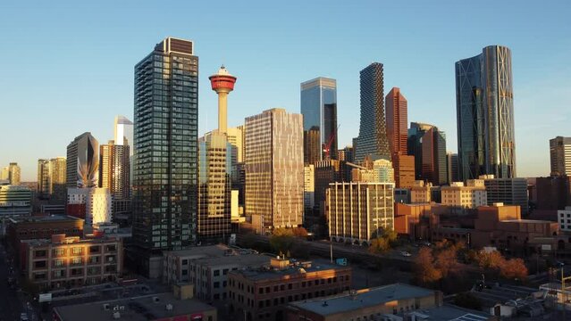 Aerial view of skyscrapers in Calgary during early morning light. 