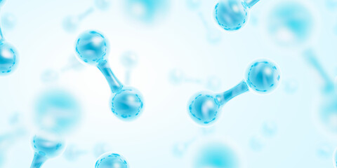 Green hydrogen energy. H2 gas molecules. Clean energy. Renewable energy source. Ecological. Blue color. 3d illustration.