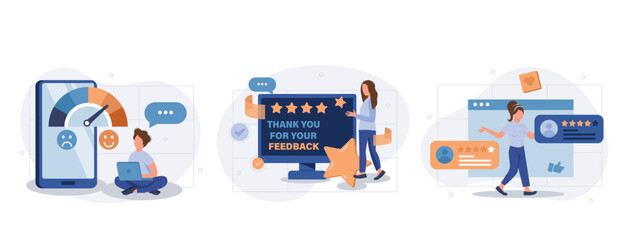 Feedback page web concept with people scenes set in flat style. Bundle of customer satisfaction, high rating stars and likes, positive client experience. Vector illustration with character design - obrazy, fototapety, plakaty