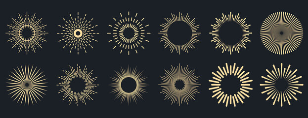 Sunburst collection. Radial sunset beams. Bursting golden sun rays. Fireworks. Logotype or lettering design element. Flat vector illustration.