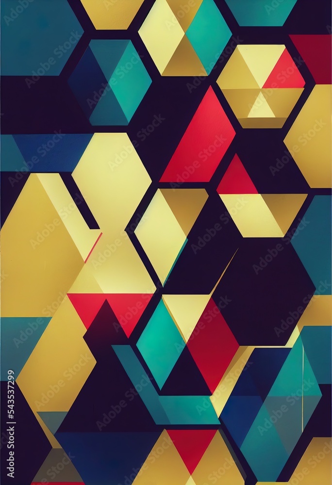 Poster blue anaglyph background with gold element of hexagonal geometric abstraction. used in indoor printi