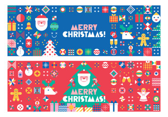Set of Christmas festive banner with geometric mosaic elements and holiday's simbols. Vector illustration,  creative trendy concept. Background, decoration for promotion, event, sale, branding.