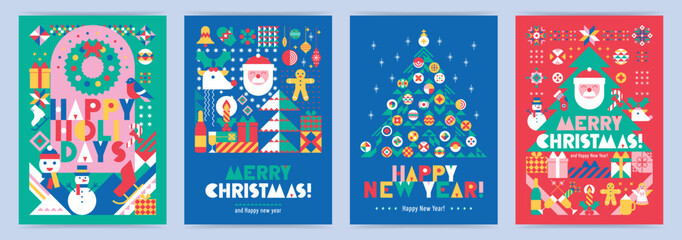Set of Christmas creative posters with geometric composition of  holiday's simbols simple shapes. Flat style, geometry, mosaic, modern concept. Christmas background for cover, invitation, magazine