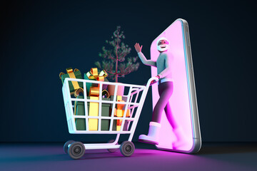 Stylized character comes out through smartphone screen together shopping cart with christmas tree and gift boxes. 3d illustration. Concept of online shopping and christmas sale. Night Neon lighting