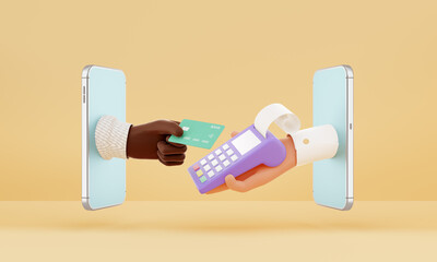 Hand holding a credit card and hand holding a POS terminal through screens mobile phones. Concept of modern selling, online shopping on smartphone. 3d render, illustration. Pastel orange background