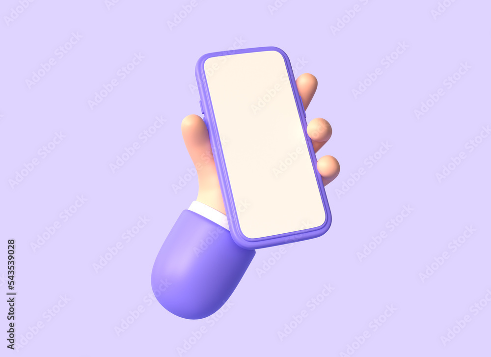 Poster 3d hand holding a mobile phone with a blank screen in cartoon style. smartphone mockup in character 