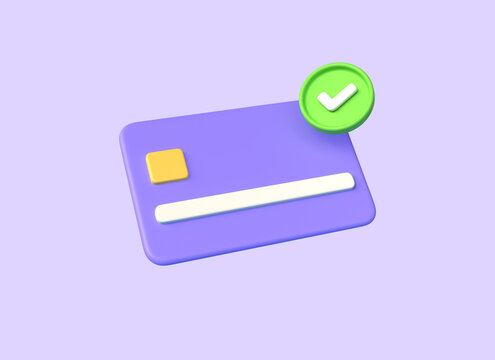 3d credit card and green tick illustration in cartoon style. the concept of a successful cashless payment or contactless payment, loans processing. 3d rendering