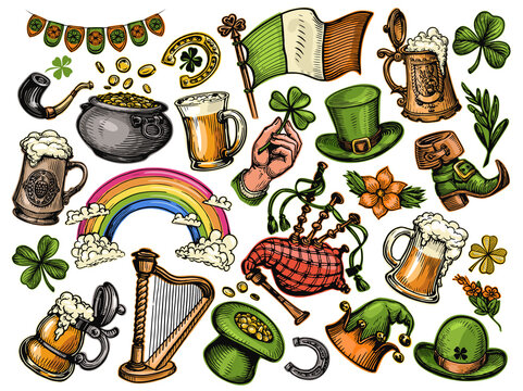 Set of St. Patricks Day symbols. Irish holiday concept. Collection colorful illustrations isolated on white background