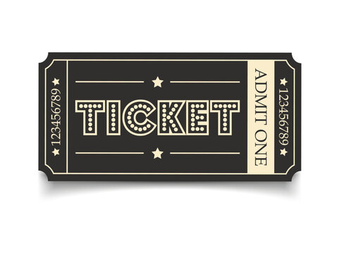 Vector ticket isolated isolated on white background. Cinema, theater, concert, play, party, event, festival black and gold ticket realistic template set. Ticket icon for website.