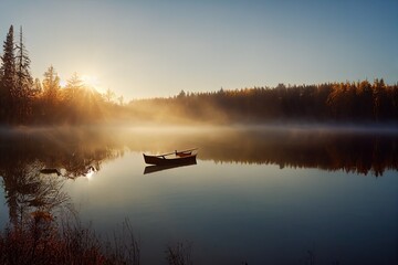 Wooden rowing boat anchored to the forest lakeshore. Sunrise. Pure sunlight, fog, frost. Finland. Idyllic landscape, rural scene. Autumn, early winter. Nature, seasons, eco tourism, fishing themes