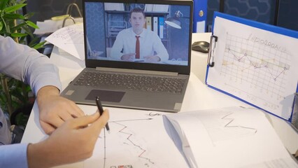 Online meeting about chart analysis and business.
Business people analyzing charts and graphs on online video call.
- Powered by Adobe