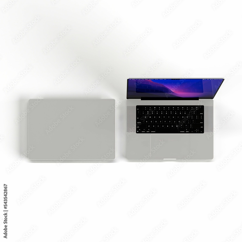 Poster Top view 3d rendering of an open and closed modern stylish laptop isolated on a white background