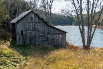 Old Barn by the Lake in late Fall