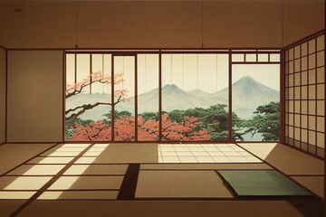 Japanese living room with garden view
