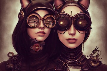 Steampunk cat woman with glasses.Freehand drawing cyberpunk painting.Digital designer art.Abstract surreal illustration.3D render