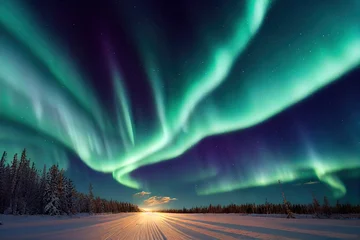 Fotobehang Spectaculaire aurora borealis (noorderlicht) over een spoor door winterlandschap in Fins Lapland. © AkuAku