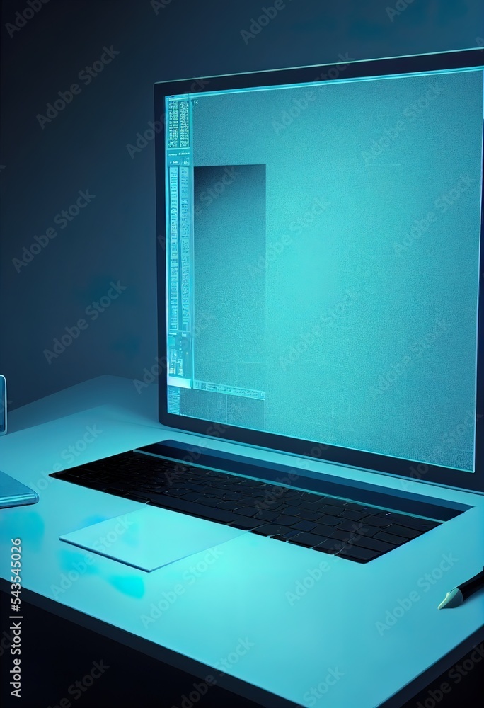 Poster 3d rendering illustration. laptop computer with blank screen and color keyboard place table in the d