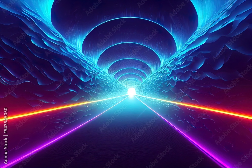 Wall mural speed of digital lights, neon glowing rays in motion into digital technologic tunnels. 3d rendering