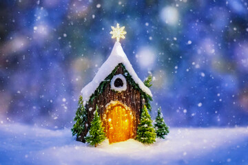Abstract toy castle. Fairy hut. Christmas winter background. 3d image
