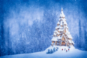 Abstract toy castle. Fairy hut. Christmas winter background. 3d image