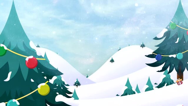 Christmas tree outdoor, lighting decorations and gifts, it's snowing bright clouds on the snow mountain. Snow covered winter forest under stormy snowfall and sky. Winter scene as 4k animation loop