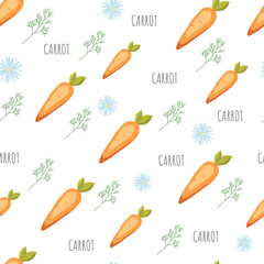 Seamless pattern with cartoon carrots and camomile flowers. Vegetables, healthy vegan food. Beautiful background, great for wrapping paper, banner, textile, wallpaper