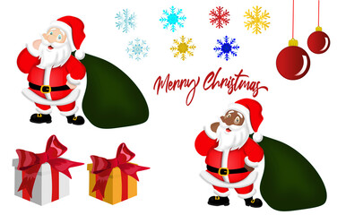 Santa Claus illustrated two versions. with various snowflake icons and Christmas decorations.