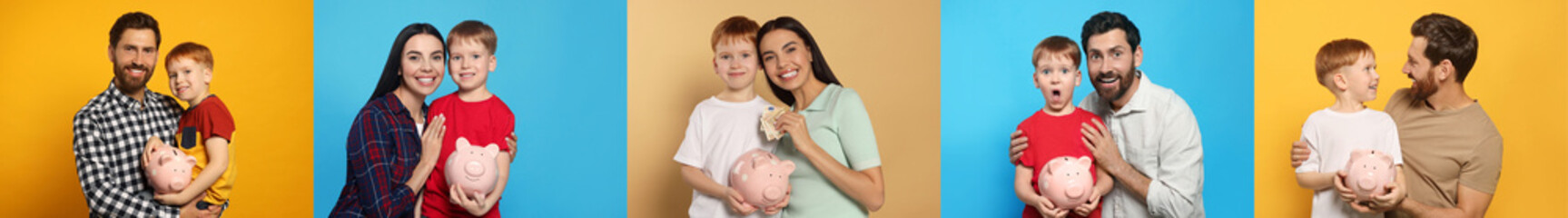 Collage with photos of people holding ceramic piggy banks on different color backgrounds. Banner...