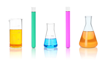 Set of different laboratory glassware with colorful liquids on white background. Banner design