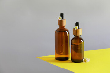 Bottles of chamomile essential oil and flowers on color background, space for text