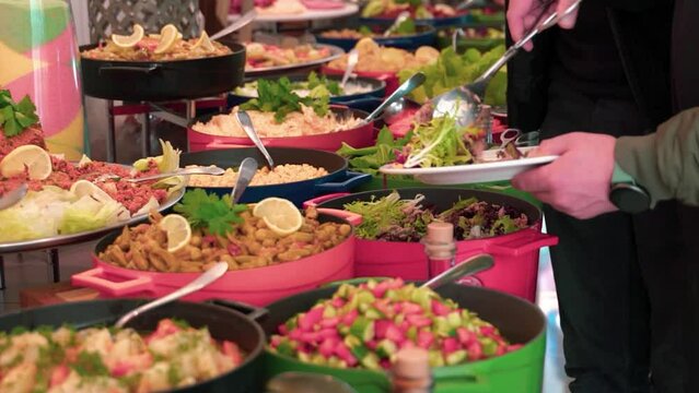 Open buffet with shiny look. Buffet restaurant, the hotel restaurant. Turkish or Arabic food