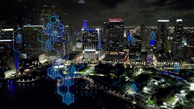 Miami United States. Aerial cyber city cityscape of smart city with futuristic cyber effect. Innovation. Nano technology. Miami Unted States. Cyber technology. Cloud computing. Digital transformation.