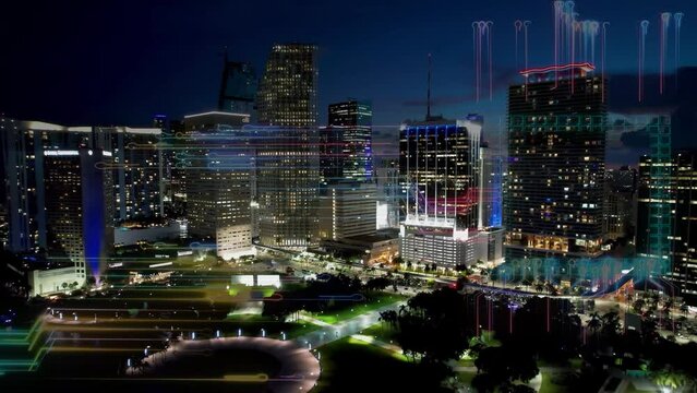 Miami United States. Aerial cyber city cityscape of smart city with futuristic cyber effect. Innovation. Nano technology. Miami Unted States. Cyber technology. Cloud computing. Digital transformation.