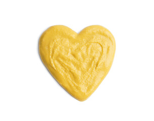 Heart made of mustard isolated on white, top view. Spicy sauce
