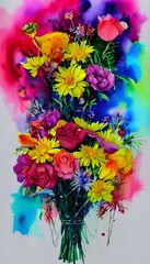 The watercolor flower bouquet is a beautiful and colorful arrangement of flowers. The vibrant colors are stunning against the white background. Each flower is unique and delicate, and the overall effe