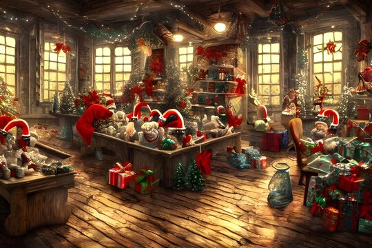 In The Christmas Toy Factory, Elves Are Busy At Work Making Toys For Children All Over The World. The Smell Of Fresh Pine Needles And Glue Fill The Air As Santa Watches From His Office Above.