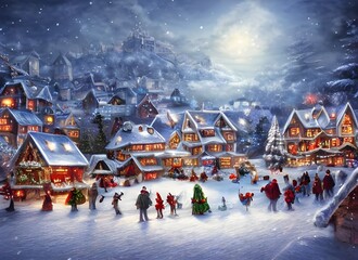 The winter christmas village is a small town nestled in the mountains. The snow is freshly fallen and covers the roofs of the houses and shops. lights twinkle from windows and doors, and smoke rises f