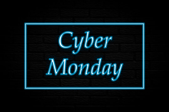 Cyber monday. 3d lettering. Neon lights on black brick background