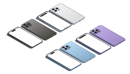 Isometric view of a new mobile phone with 4 different colors (space Black, silver, blue, deep purple) vector illustration. Suitable for mockup - obrazy, fototapety, plakaty