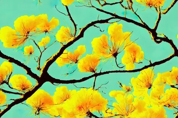 Digital art of blossom tree with yellow flowers. Printable wall art, nature background or pattern