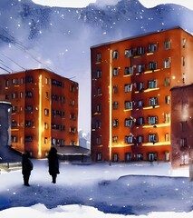 The watercolor apartment buildings are standing in the winter nighttime. They have different colors and lights, making them look like they're alive. The trees around them are barren, but there is a li