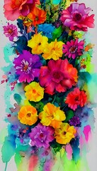 A colorful watercolor bouquet of flowers is on display. The background is a light blue, and the foreground is filled with different shades of purple, pink, and white blooms. Some of the petals are del