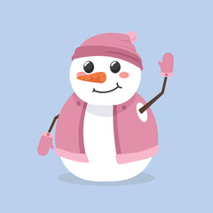 Cute snowman waving hand on light blue background