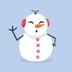 Cute snowman listening to music on light blue background